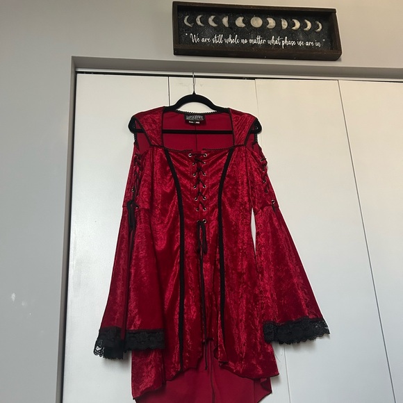 Vintage 90s Lip Service Red Crushed Velvet Black Lace Corset Lace Up Top Goth L - Picture 2 of 9